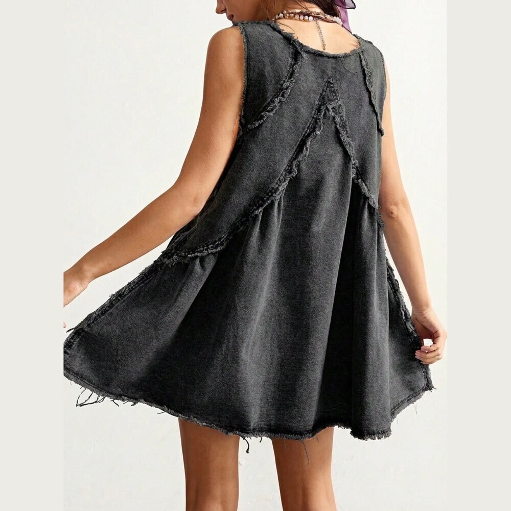 Charcoal Denim Mini Dress with Distressed Edges - Picture 3 of 7